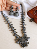 Silver Look-Alike Long Necklace Set with Jhumka Earrings | AMOLA