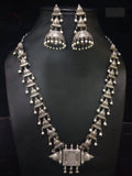 Silver Look-Alike Long Necklace Set with Jhumka Earrings | AMOLA