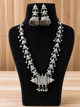 Silver Look-Alike Long Necklace Set with Jhumka Earrings | AMOLA
