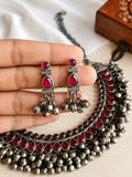 Traditional Silver Replica Oxidised Stones Necklace Set with Ghungroos | AMOLA