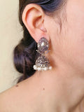 Elegant German Silver Pearl Jhumka Earrings with Intricate Floral Design | AMOLA