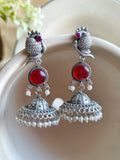 Traditional Silver Replica Peacock Jhumka Earrings with Monalisa Stone | AMOLA