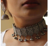 Antique Silver Look Alike Choker Set with Jhumkas | AMOLA
