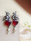 Oxidised Peacock Earrings with Monalisa Stone & Pearl Accents | AMOLA