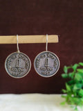 Antique Oxidised One Rupee Coin Hook Earrings | AMOLA
