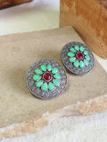 Oxidised Silver Round Gemstone Studs | AMOLA