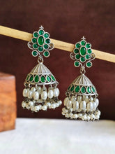 German Silver Green Stone Oxidized Jhumkas | AMOLA
