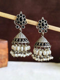 German Silver Green Stone Oxidized Jhumkas | AMOLA