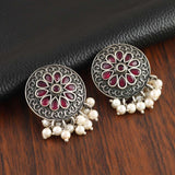 Oxidized Floral Pearl Stud Earrings | AMOLA