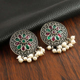 Oxidized Floral Pearl Stud Earrings | AMOLA