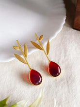 Red Teardrop Stone Golden Leaf Earring | AMOLA