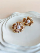 Anti Tarnish Golden Pearl Floral Stud Earrings | AMOLA