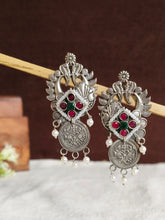 Silver oxidized Peacock Coin motifs Earrings | AMOLA