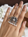 Silver Oxidized Peacock Ring with Pearls
