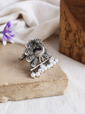 Silver Oxidized Peacock Ring with Pearls
