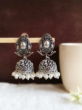 Elegant German Silver Pearl Jhumka Earrings with Intricate Floral Design | AMOLA