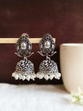Elegant German Silver Pearl Jhumka Earrings with Intricate Floral Design | AMOLA