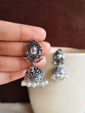 Elegant German Silver Pearl Jhumka Earrings with Intricate Floral Design | AMOLA