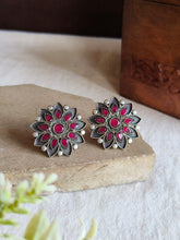 Oxidised silver Stone Floral Stud Earrings | AMOLA