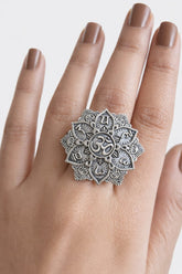 Oxidized Silver Plated Lotus Om Ring | AMOLA