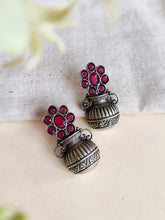 Oxidized Silver Pot Stud Earrings with Stones | AMOLA