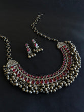 Traditional Silver Replica Oxidised Stones Necklace Set with Ghungroos | AMOLA