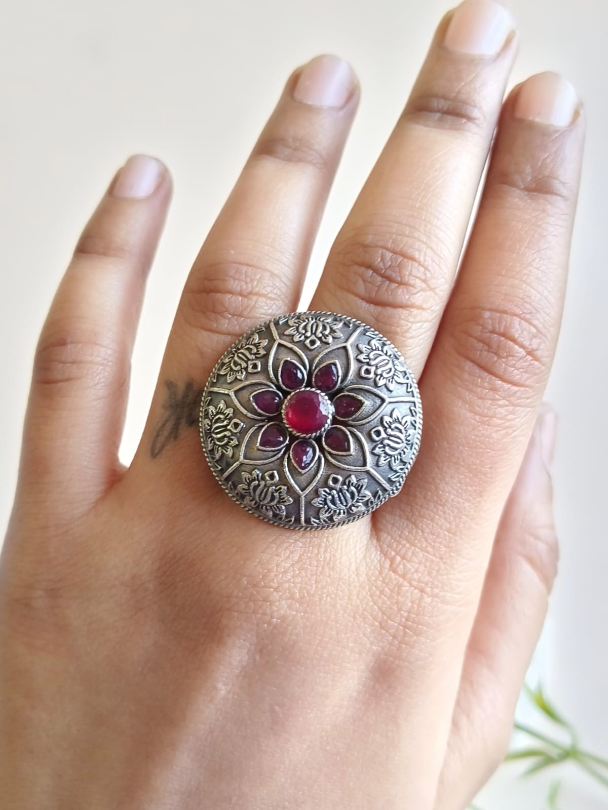 Silver Stone Studded Oxidised Ring | AMOLA