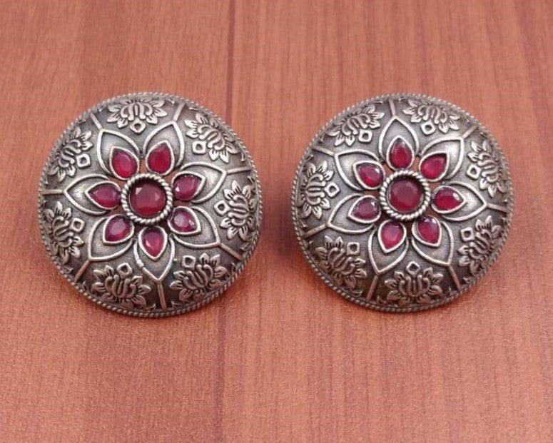 Oxidized Silver Floral Round Studs | AMOLA