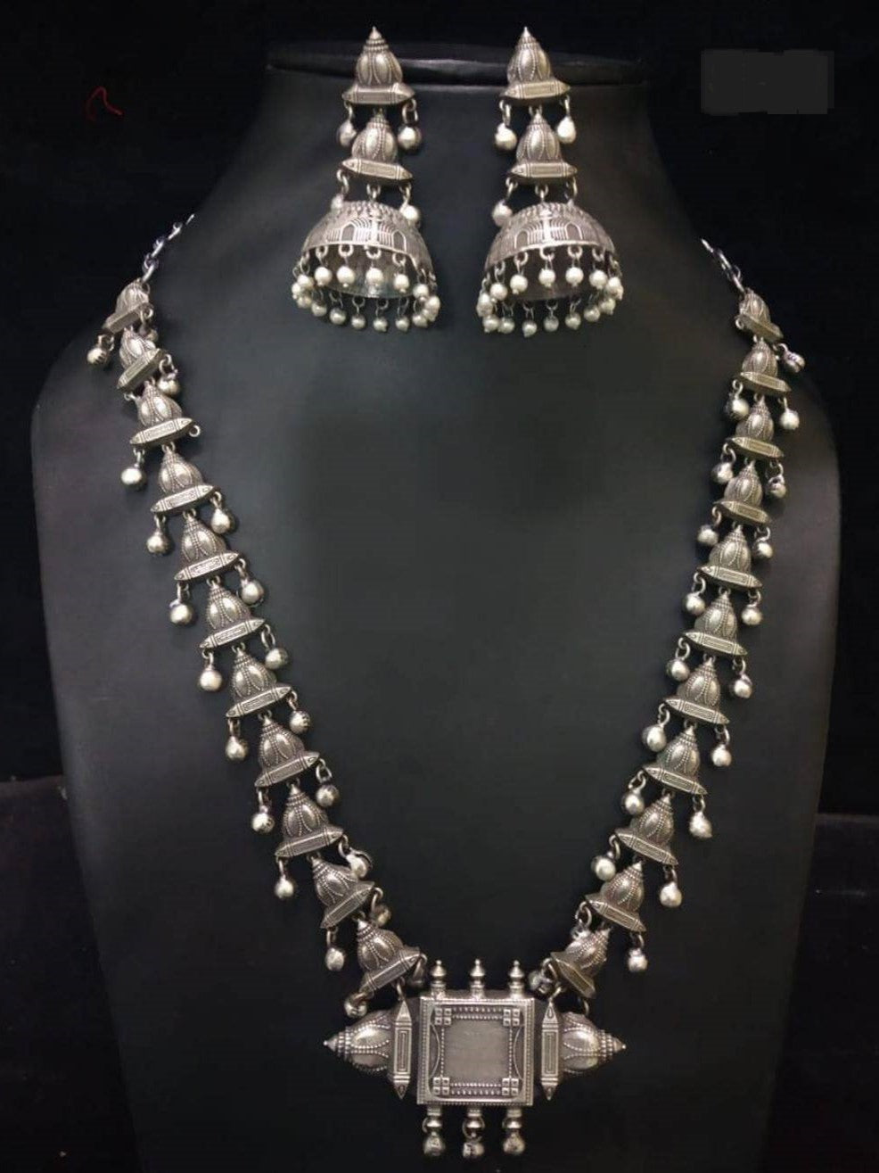 Silver Look-Alike Long Necklace Set with Jhumka Earrings | AMOLA