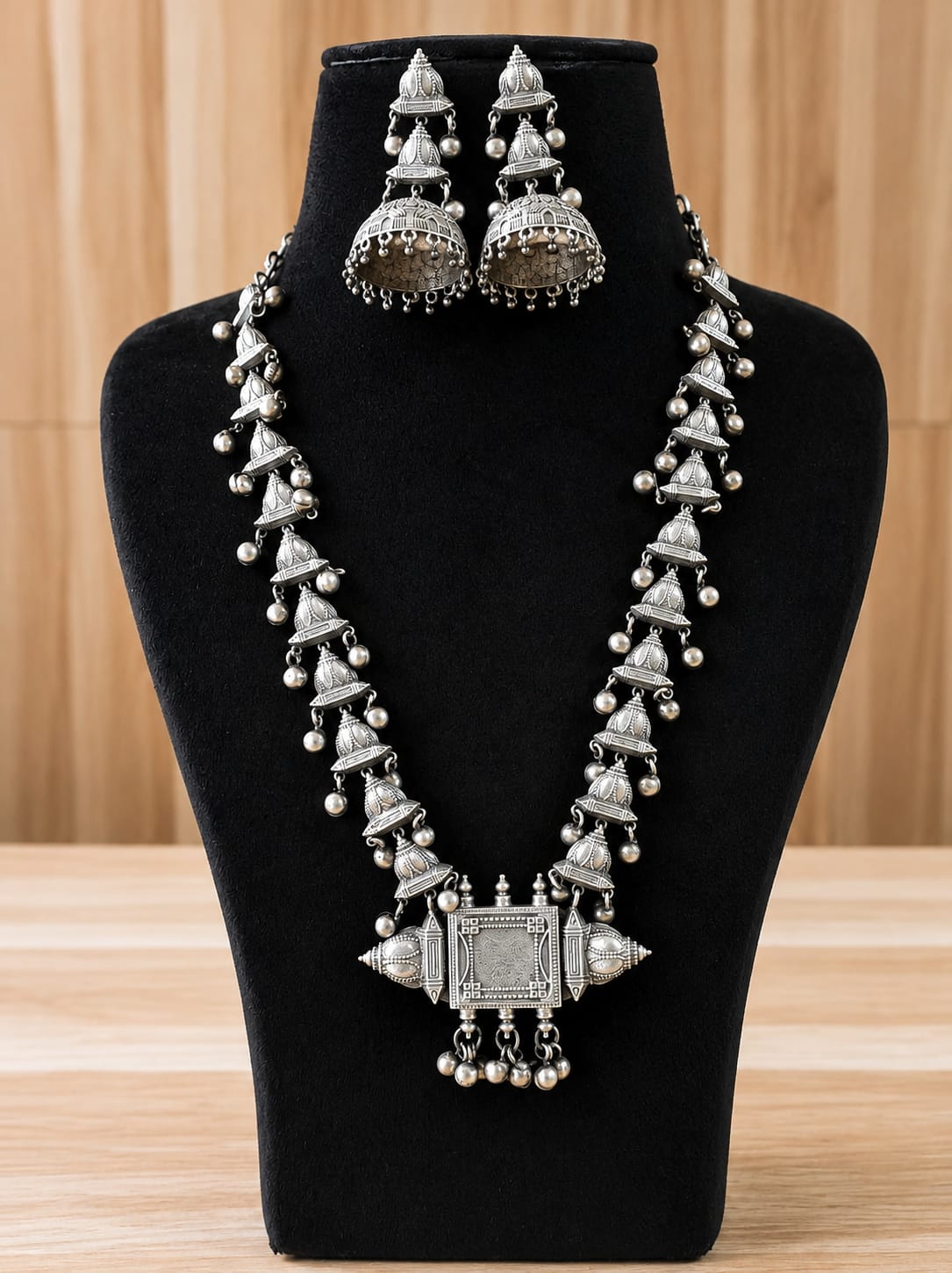 Silver Look-Alike Long Necklace Set with Jhumka Earrings | AMOLA
