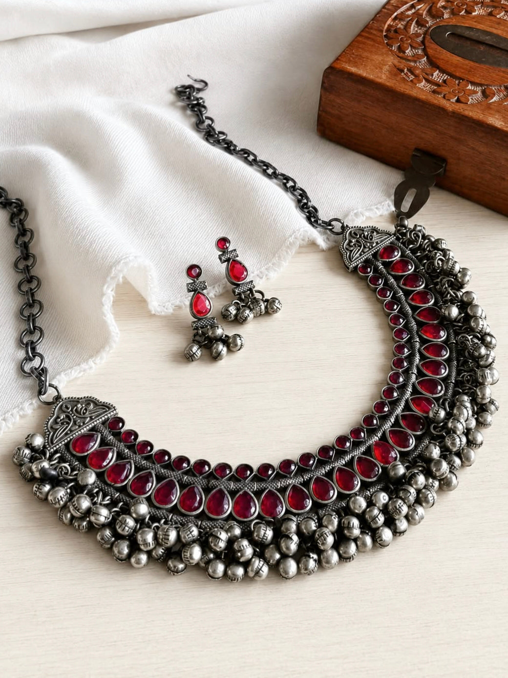 Traditional Silver Replica Oxidised Stones Necklace Set with Ghungroos | AMOLA