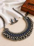 Traditional Silver Replica Oxidised Stones Necklace Set with Ghungroos | AMOLA