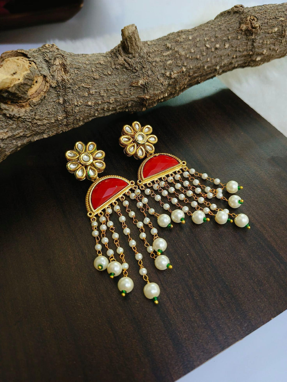 Gold Plated Long Earring with D Shape Monalisa Stone | AMOLA