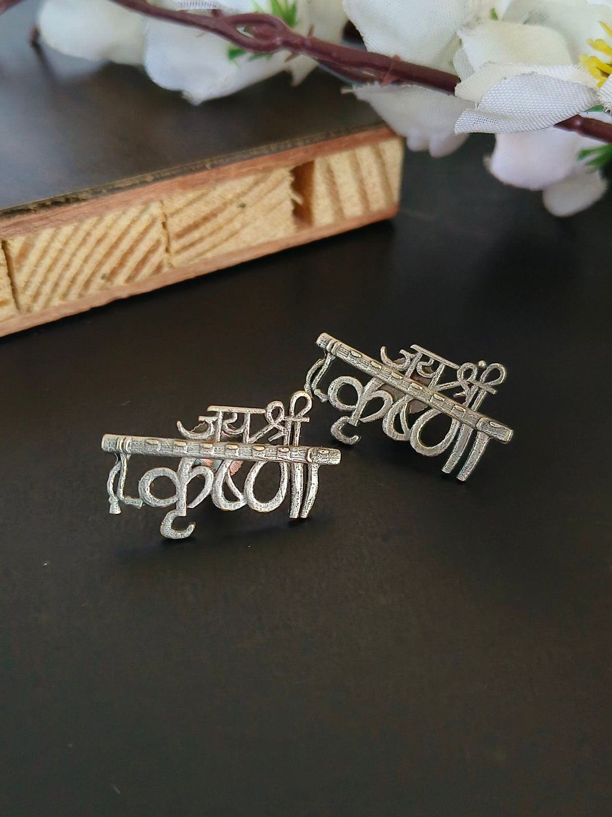 Silver Look-Alike Jai Shree Krishna Stud Earrings for Daily Wear | AMOLA
