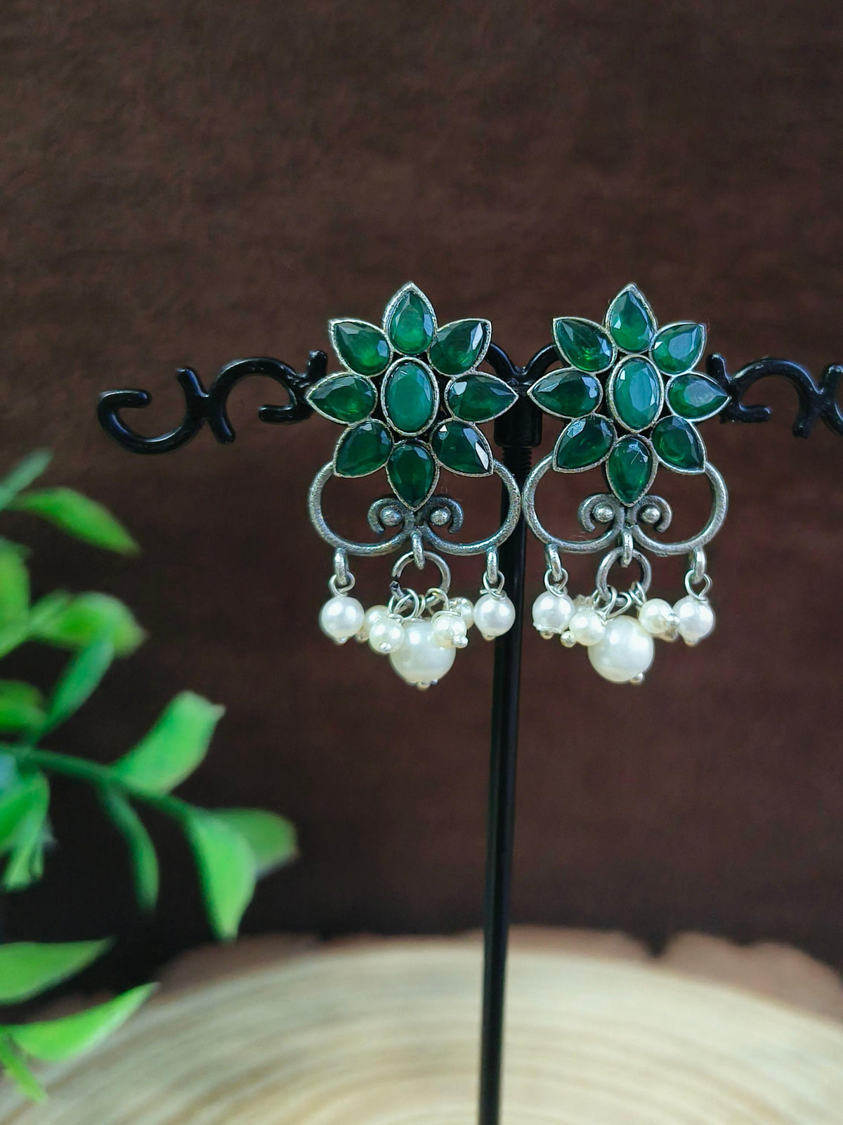 Floral Pearl Oxidised Stud Earrings | AMOLA