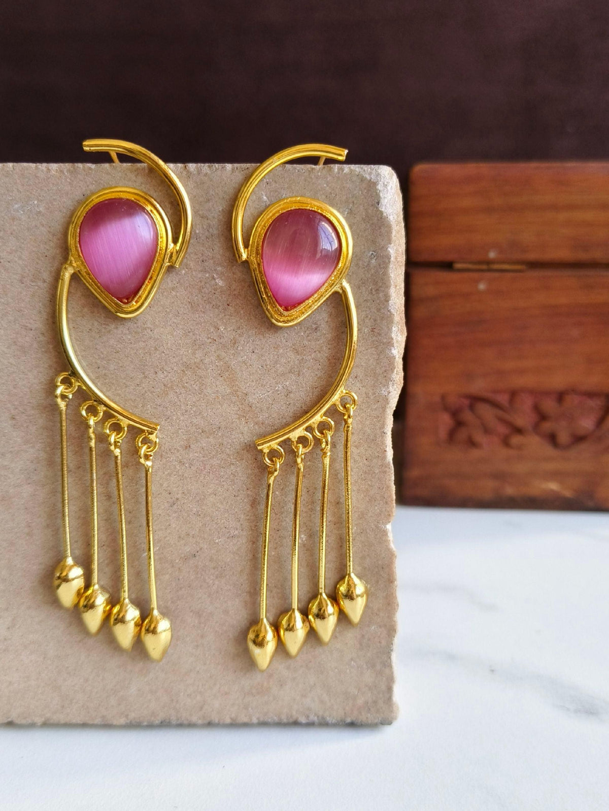 Golden Handmade Long Dangler Earrings with Monalisa Stone | AMOLA
