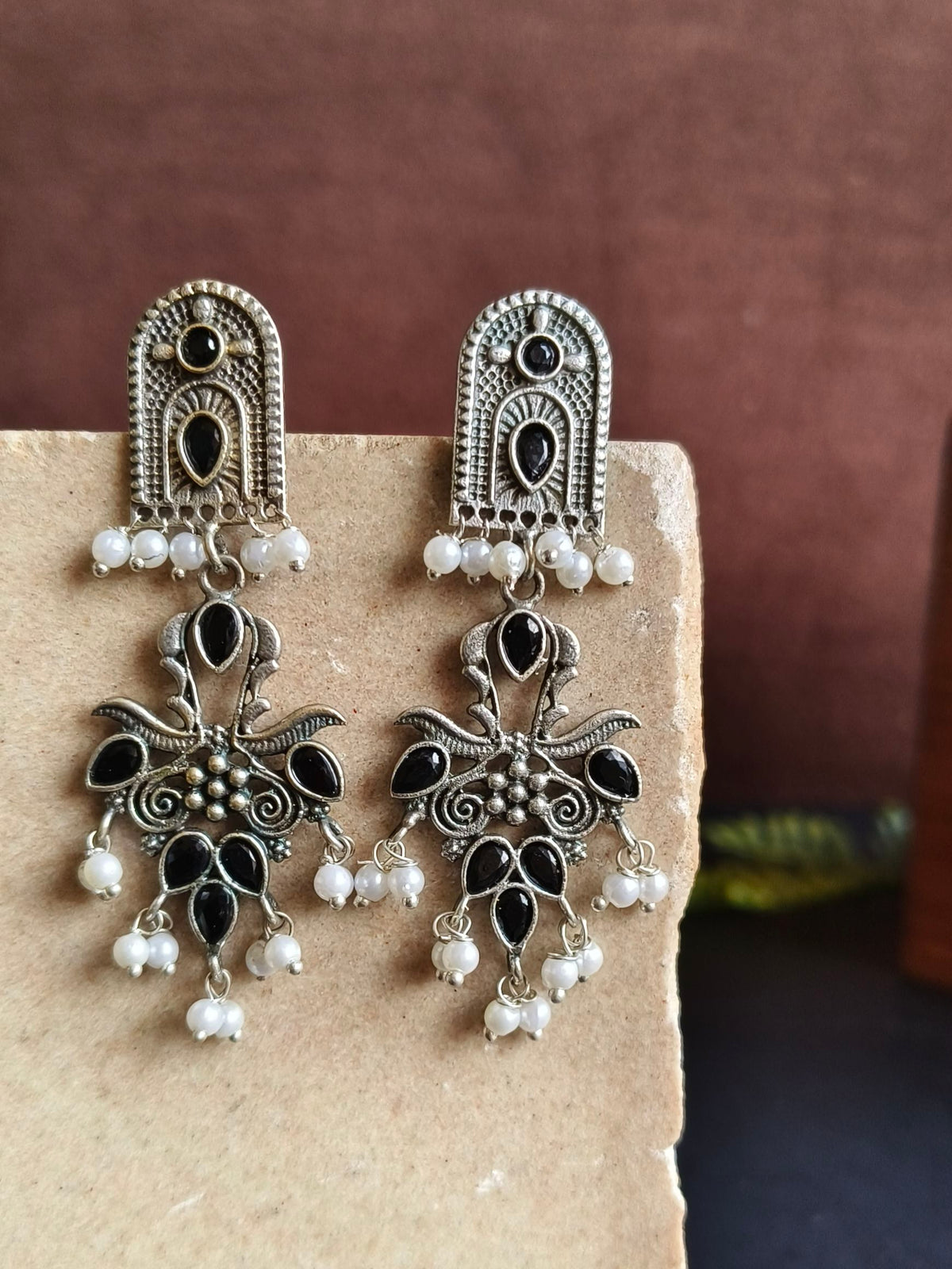 Elegant Flower Bouquet Dangler Earrings with Jade Stones and Pearls | AMOLA