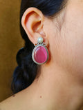 Elegant Oxidised Oval Monalisa Stud Earrings with Silver Polish | AMOLA
