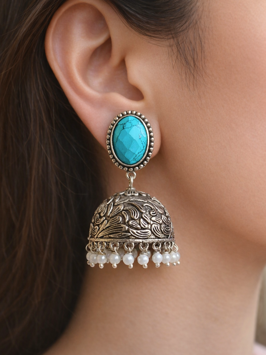 Stone Silver Oxidised Jhumka | AMOLA