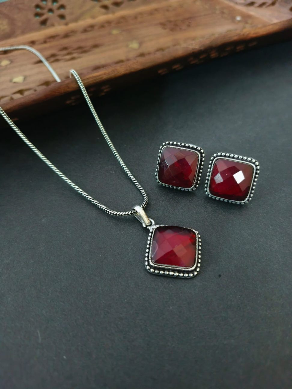 Monalisa Stone Oxidized Necklace and Earring Combo Set