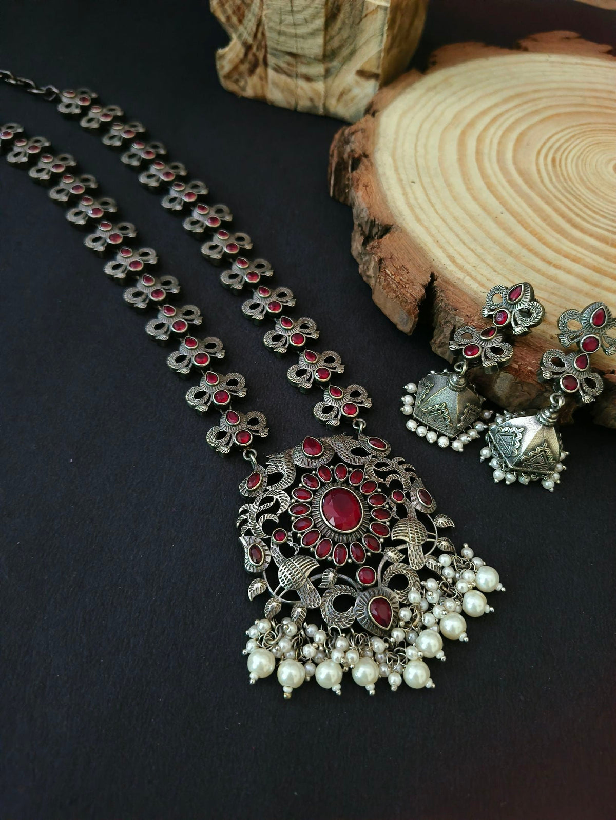 Traditional Silver Replica Pearl Drop Necklace Set | AMOLA