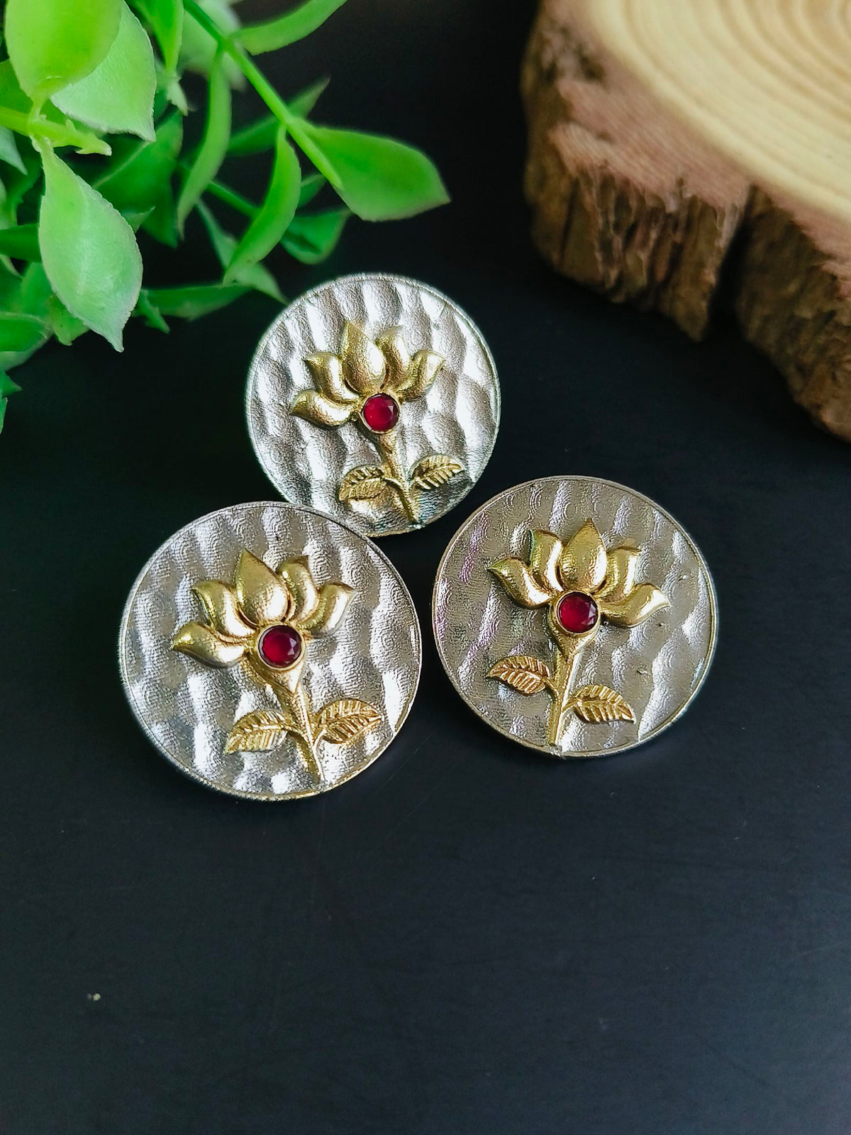 Coin-Shaped Dual-Tone Stud Earrings with Adjustable Finger Ring Combo | AMOLA