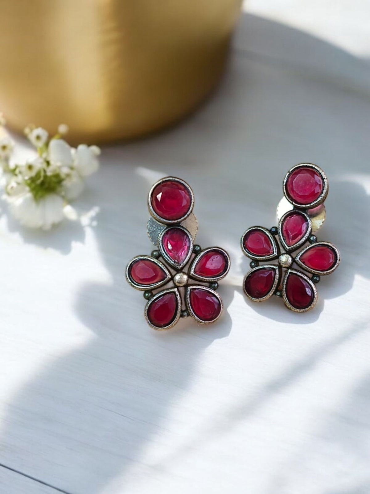 Antique Oxidised Floral Silver Stud Earring | AMOLA