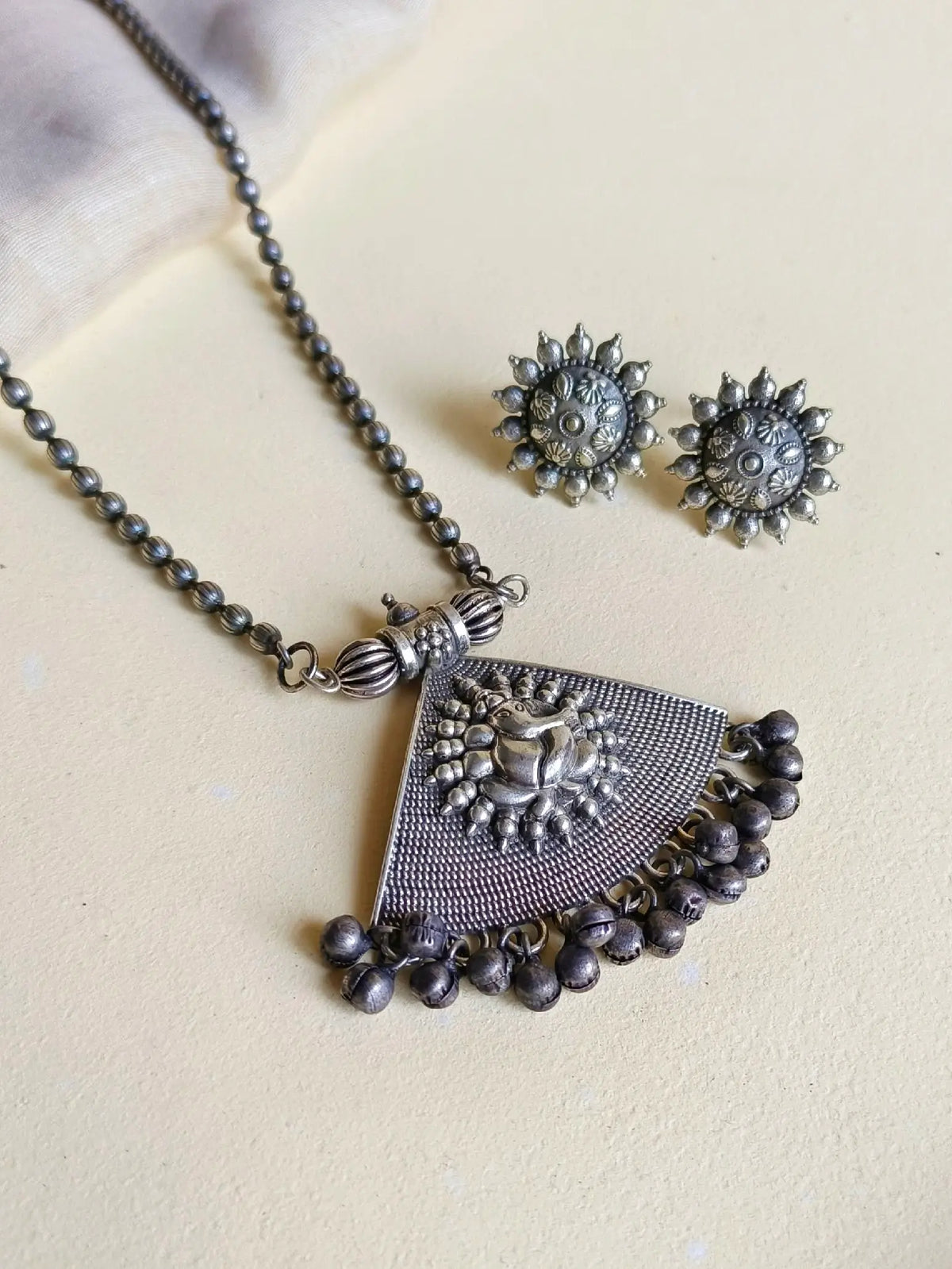 Silver Look-Alike Ganesha Pendant & Earrings for Navratri Festive | AMOLA