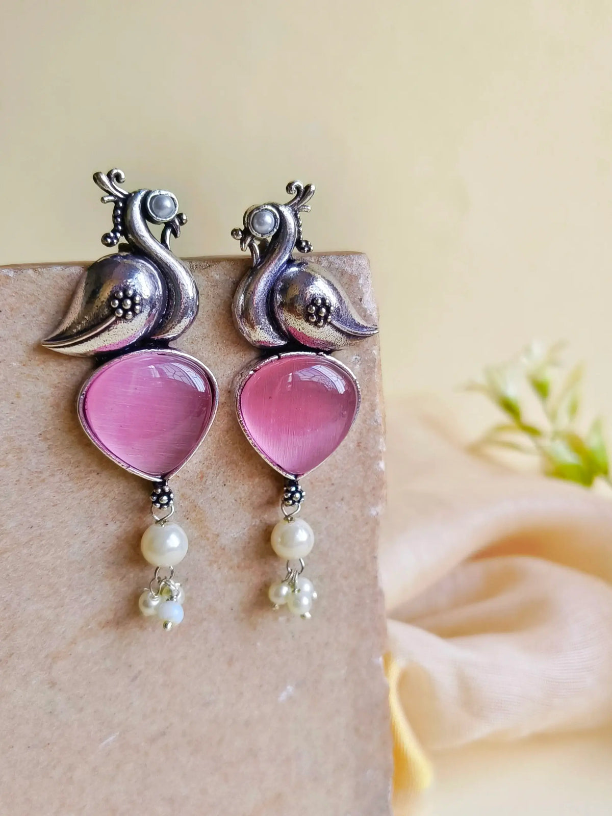 Oxidised Peacock Earrings with Monalisa Stone & Pearl Accents | AMOLA