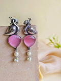Oxidised Peacock Earrings with Monalisa Stone & Pearl Accents | AMOLA