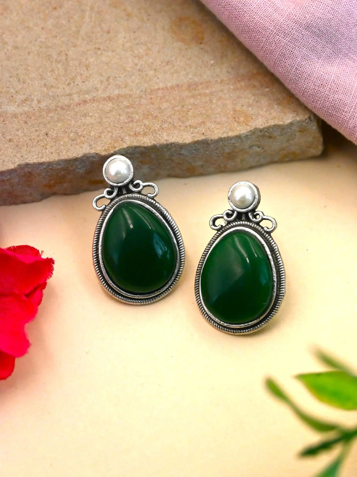 Elegant Oxidised Oval Monalisa Stud Earrings with Silver Polish | AMOLA