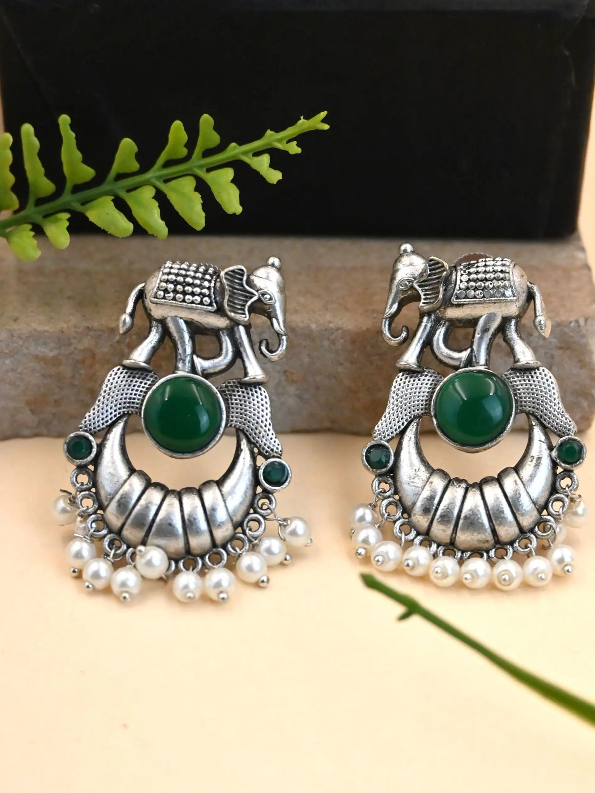 Broad Elephant Earrings with Monalisa Stone & Pearl Drops | AMOLA