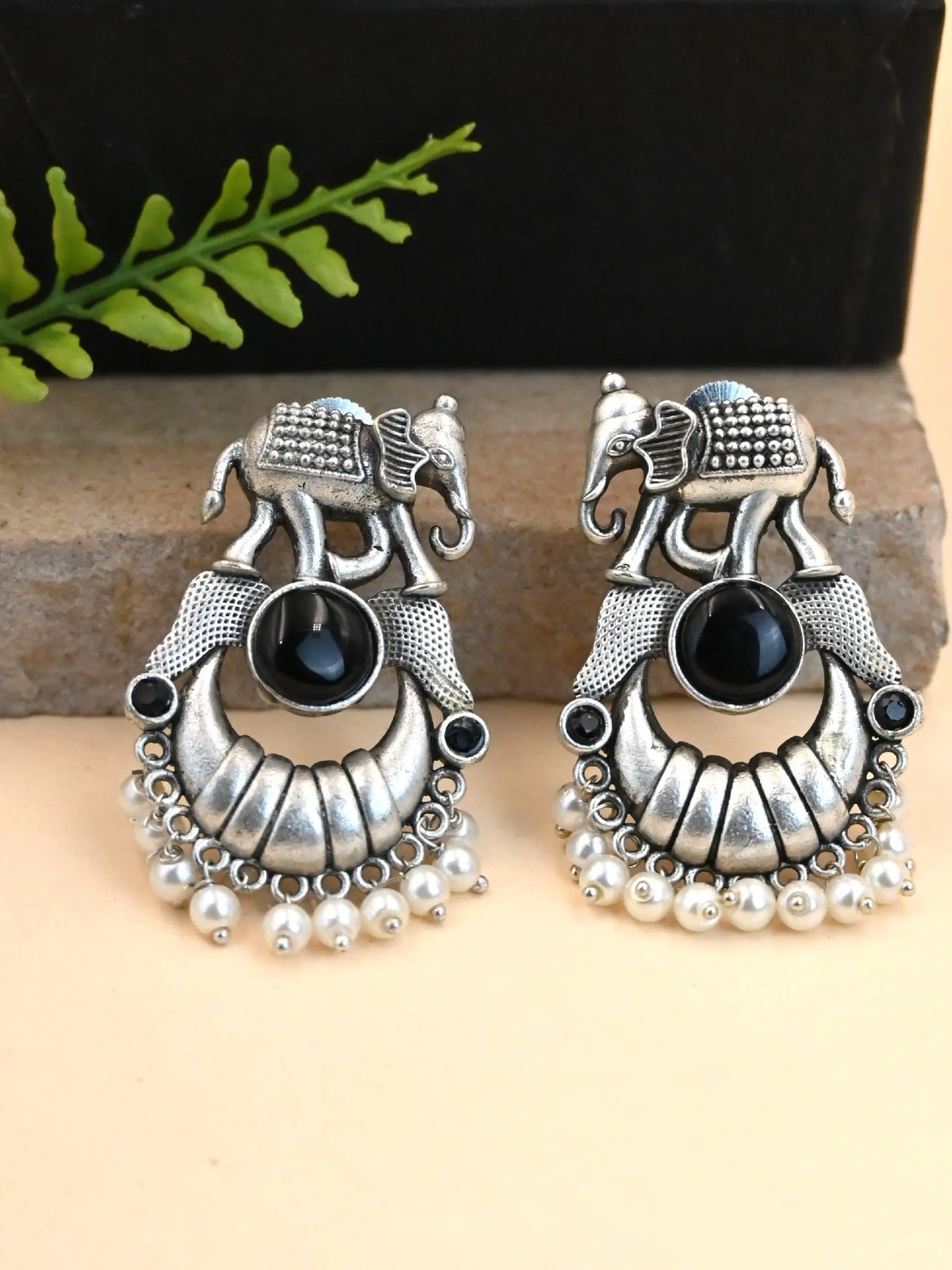 Broad Elephant Earrings with Monalisa Stone & Pearl Drops | AMOLA