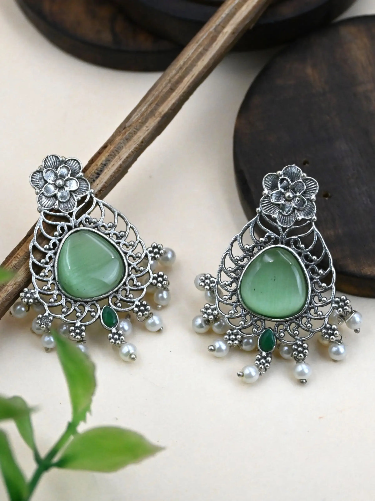 Monalisa Pearl Silver-Plated Oxidized Stud Earrings for Ethnic Wear | AMOLA